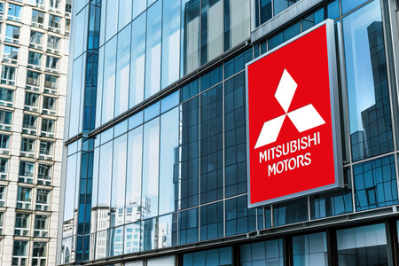 Illuminated banner with mitsubishi car manufacturers logo on a glass office building.のeditorial素材