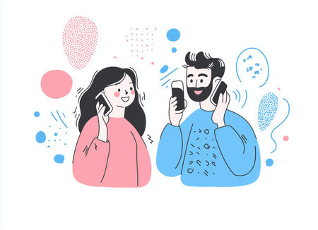 A man and woman holding phones to their ears, talking happily, with abstract shapes in the background.のイラスト素材