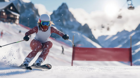 Skier navigating a slalom course on a sunny mountain day. High quality photoの素材