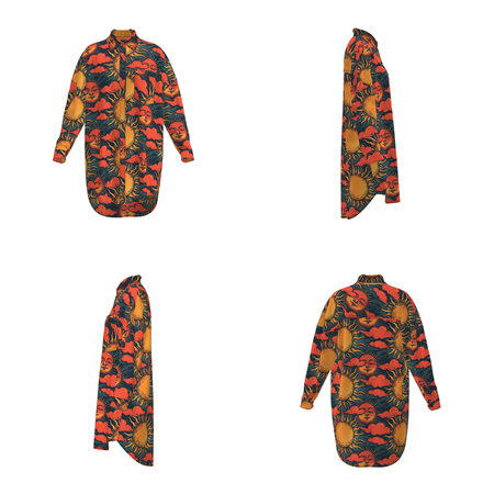 Vibrant long shirt with sun and cloud pattern. Four angles showcasing bold design. High quality photoの写真素材