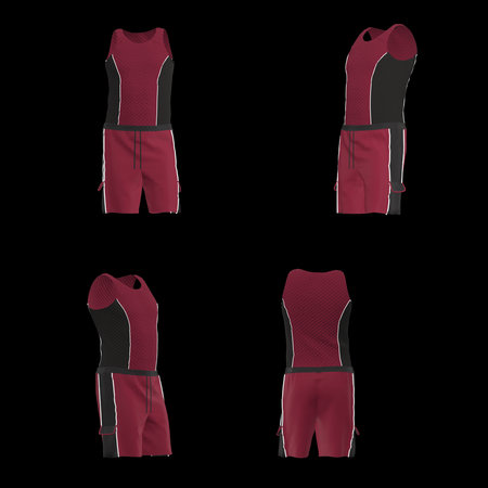 Red and black athletic outfit with sleeveless top and shorts displayed from multiple angles. High quality photoの写真素材