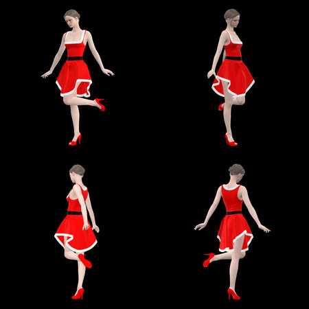 Red festive dress with white accents modeled from multiple angles. High quality photoの写真素材