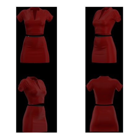 A red two-piece casual outfit consisting of a short-sleeve top and a high-waisted skirt displayed from multiple angles on a white background. High quality photoの写真素材