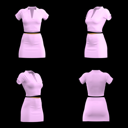 Pink short-sleeve top and skirt set displayed from multiple angles. High quality photoの写真素材
