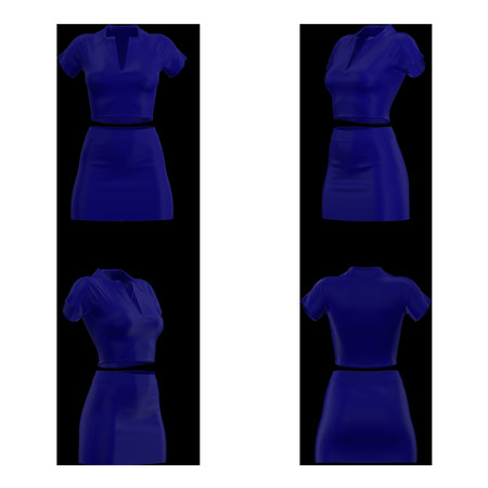 Blue short-sleeve top and skirt set displayed from multiple angles. High quality photoの写真素材
