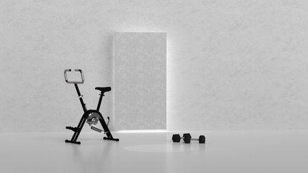 Modern exercise bike in minimalist room, with dumbbells on the floor. High quality photoの写真素材