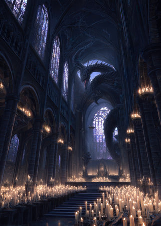A huge dragon curls inside a dark church. Many candles light up the hall. High quality photoの素材