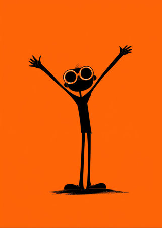 Happy boy raises both hands. He wears big round glasses. High quality photoの素材