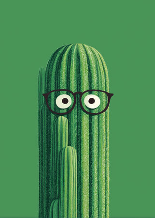 Cactus wears glasses and eyes. It stands on a green background.の素材