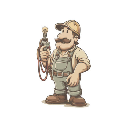 Man holds a light bulb tool. He wears overalls and a cap.の素材