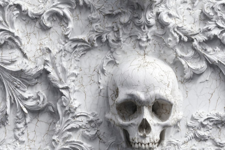 White skull rests in carved marble. Cracks run through baroque patterns.の素材