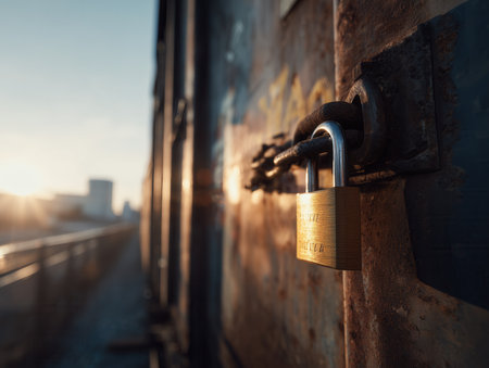 Rusty lock hangs on a metal door. Trains are blurred in the background. High quality photoの素材