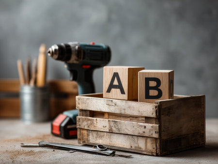 Wooden crate sits on a workbench. Tools and screws are nearby. High quality photoの素材