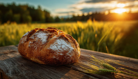 Fresh bread rests on a wooden board. Wheat glows in the sunset light. High quality photoの素材