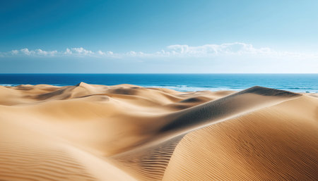 Golden sand dunes by the sea. Waves crash gently on the shore. High quality photoの素材