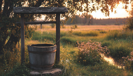 Old wooden bucket hangs beside a post. Warm sunlight glows over the garden. High quality photoの素材
