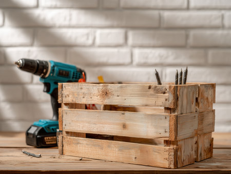 Wooden crate sits on a workbench. Tools and screws are nearby. High quality photoの素材