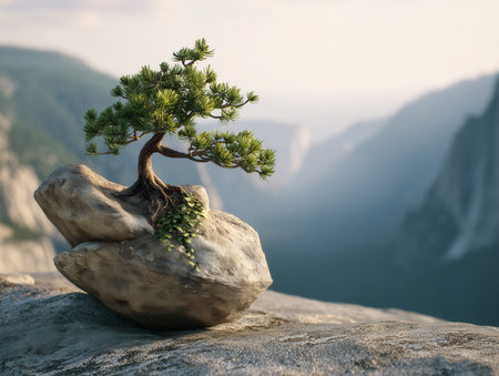 Lone tree stands on a rocky cliff. Mountains stretch far into the distance. High quality photoの素材