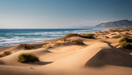 Golden sand dunes by the sea. Waves crash gently on the shore. High quality photoの素材