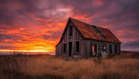 Old wooden house stands in dry grass. Sky glows orange and purple at sunset. High quality photoの素材