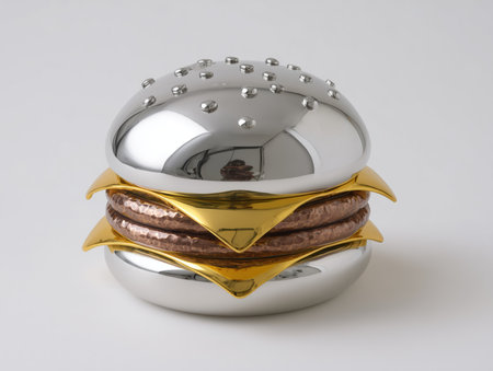 hamburger sculpture made of stainless steel, buns polished chrome, patty forged metal, metallic cheese slice, reflective details, minimal white background . High quality photoの素材