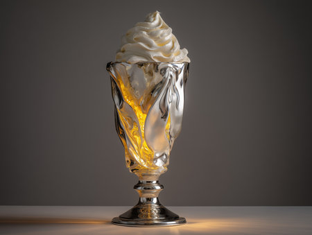 milkshake glass sculpture forged from polished silver, liquid inside glowing gold, metallic whipped cream . High quality photoの素材