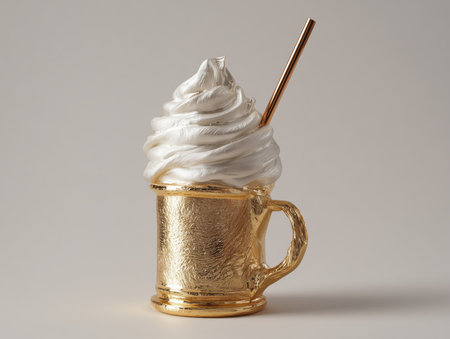milkshake sculpture, golden glass, whipped cream forged from silver, straw made of polished copper, reflective textures . High quality photoの素材