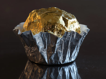 muffin sculpture forged from gold, metallic paper wrapper made of silver foil, reflective polished surface. High quality photoの素材