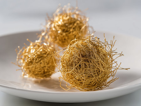 pasta sculpture, spaghetti strands made of golden wires, sauce crafted from copper, metallic artwork, white ceramic plate. High quality photoの素材