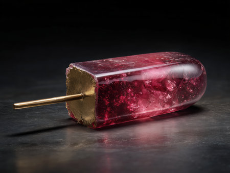 popsicle sculpture, frozen bar made of ruby crystal, stick forged from bronze, reflective surface . High quality photoの素材
