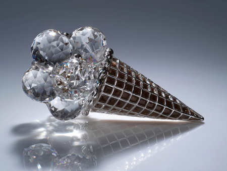 ice cream cone sculpture, scoops carved from crystal glass, silver waffle cone, shiny reflective details, studio lighting, minimalist backdrop . High quality photoの素材