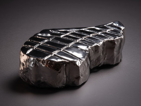 steak sculpture forged from stainless steel, polished reflective surface, metallic grill marks, minimal studio lighting . High quality photoの素材