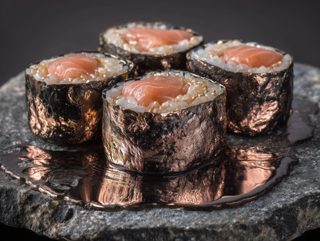 sushi rolls sculpted from metals, pearl rice, titanium seaweed, rose gold salmon, reflective metallic surfaces, placed on stone plateの素材