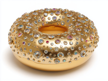 donut sculpture made of pure gold, frosting decorated with diamonds, gemstones as sprinkles, shiny reflective surface, placed on white backgroundの素材