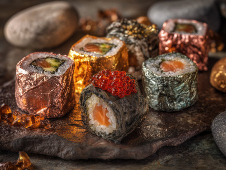 sushi rolls sculpted from metals, pearl rice, titanium seaweed, rose gold salmon, reflective metallic surfaces, placed on stone plateの素材