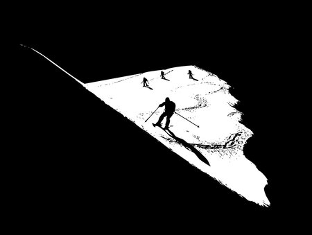 People skiing down snowy hill. They are making tracks in fresh snow. Vector illustrationの素材