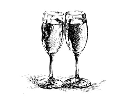 Two champagne glasses are together. They are full and hand drawn. Vector illustrationの素材