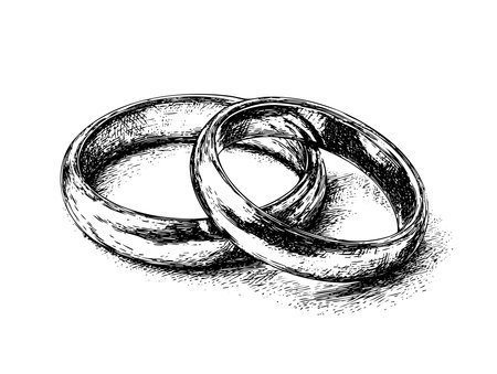 Two wedding rings are touching. They are drawn in black and white. Vector illustrationの素材