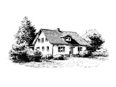 Cozy house stands among trees. It has a garden and sloped roof. Vector illustrationの素材