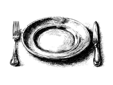 Empty plate with knife and fork. Drawing is in vintage style. Vector illustrationの素材