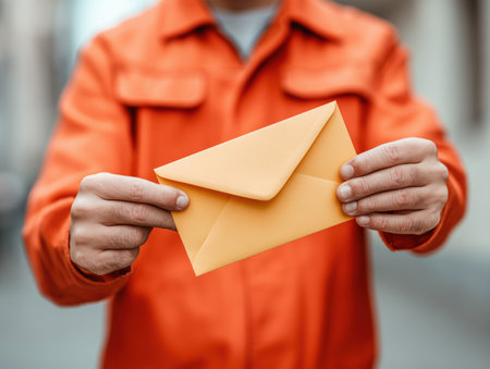Postman holding out envelope in focus. Uniform and blurred background behind. High quality photoの素材