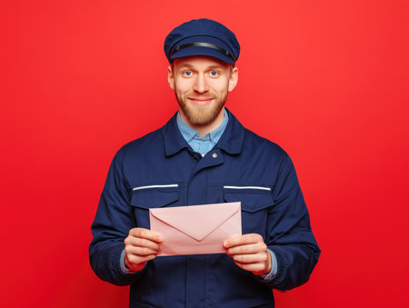 Cartoon postman holding a letter and smiling. Bright blue background behind him. High quality photoの素材