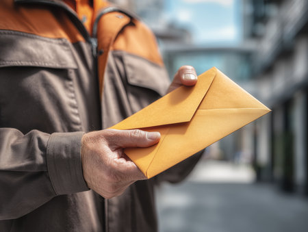 Postman holding out envelope in focus. Uniform and blurred background behind. High quality photoの素材