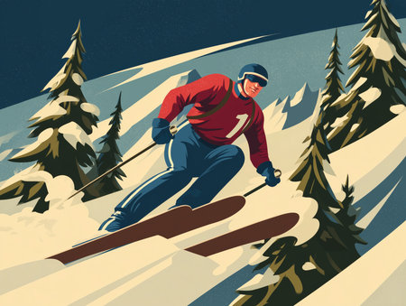 Skier in red outfit racing down steep slope. Snowy mountains and valley below. High quality photoの素材