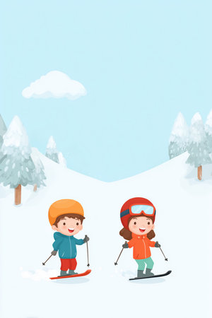 Two happy kids skiing on snowy hill. Snow-covered trees and blue sky around. High quality photoの素材