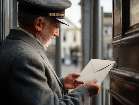 Older postman delivering letter at mailbox. City buildings blurred in the background. High quality photoの素材