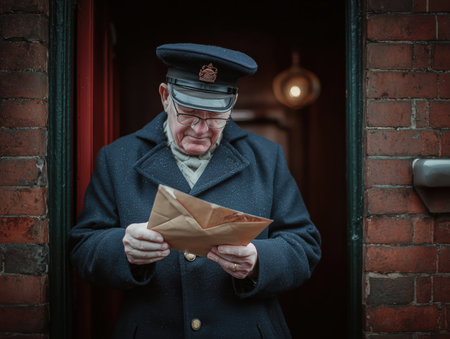 Older postman delivering letter at mailbox. City buildings blurred in the background. High quality photoの素材
