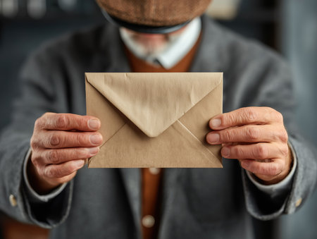 Postman holding out envelope in focus. Uniform and blurred background behind. High quality photoの素材