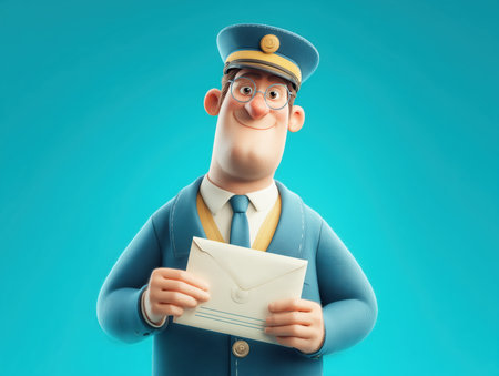 Cartoon postman holding a letter and smiling. Bright blue background behind him. High quality photoの素材