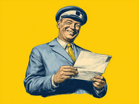 Cartoon postman holding a letter and smiling. Bright blue background behind him. High quality photoの素材